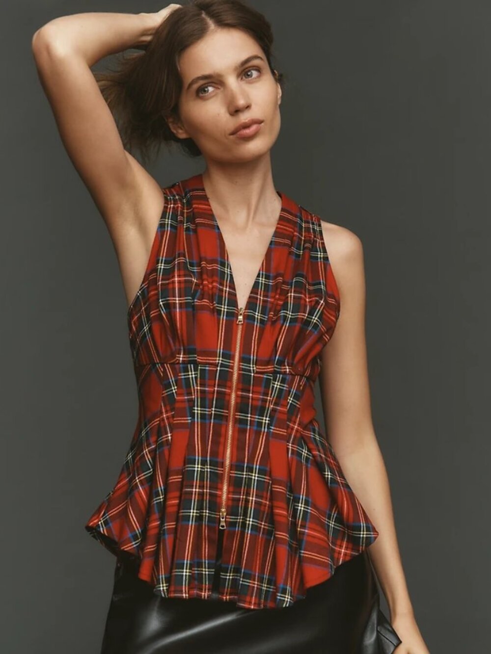 Anthropologie Maeve Waisted Zip-Front Sleeveless Top, Red Plaid, XXS
